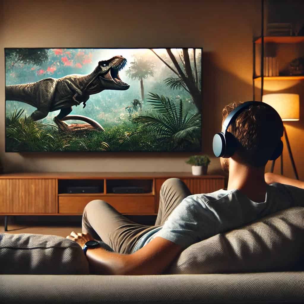 słuchawki nauszne do tv na głowie mężczyzny, który ogląda film z dinozaurami