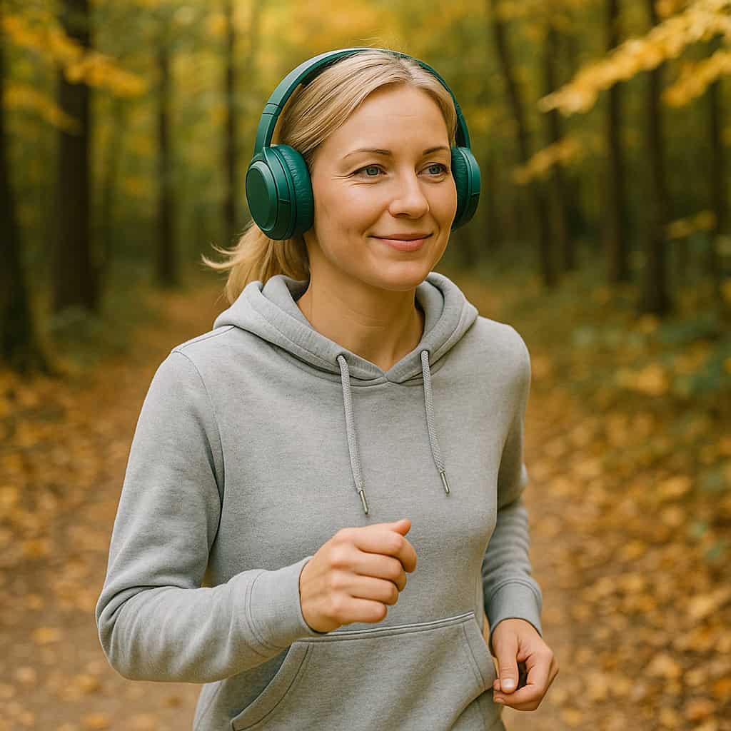 słuchawki nauszne do biegania na głowie kobiet biegającej po lesie