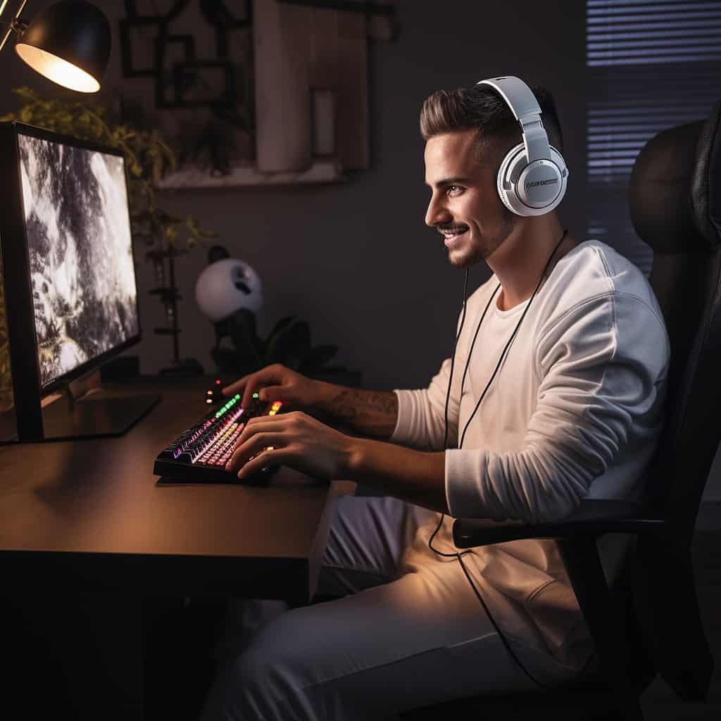 słuchawki nauszne do komputera - na głowie mężczyzny oglądającego film na pc