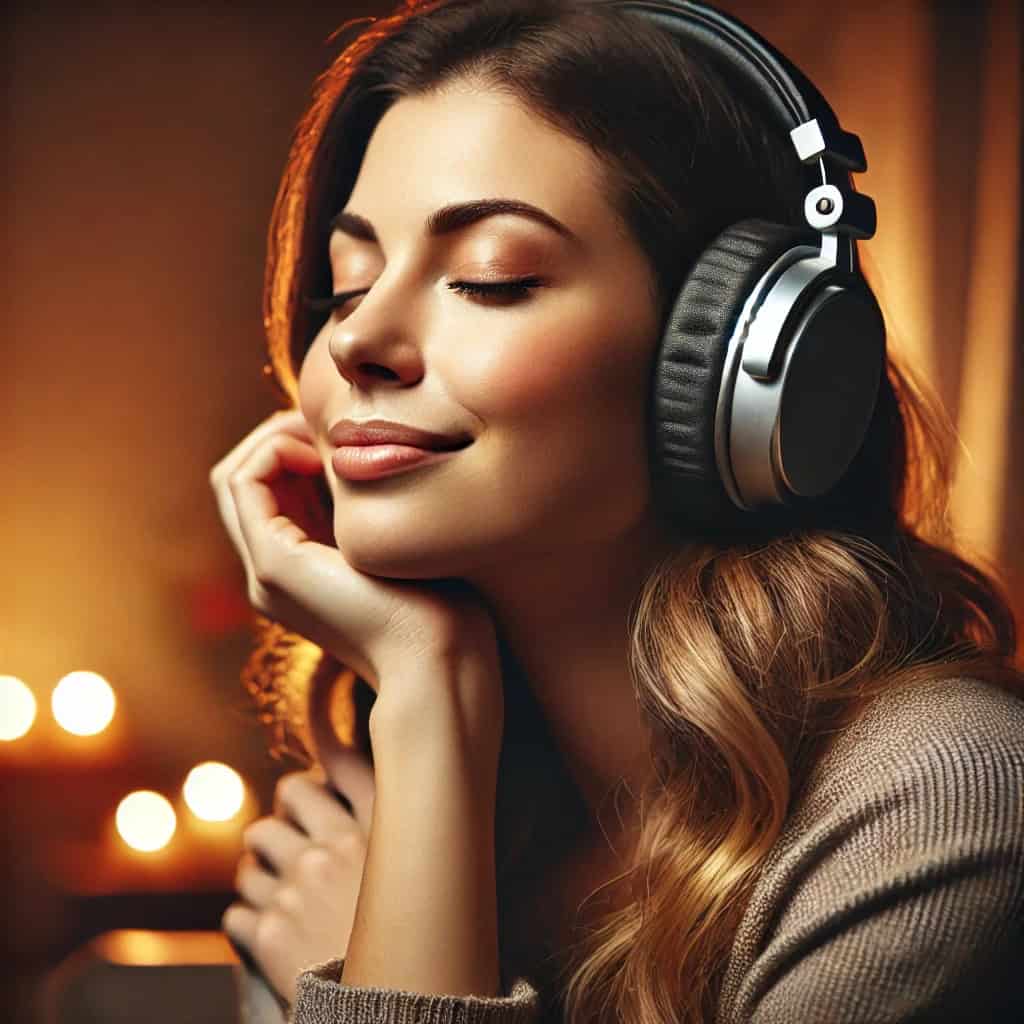 słuchawki nauszne do muzyki do 300 zł na uszach kobiety z zamkniętymi oczami