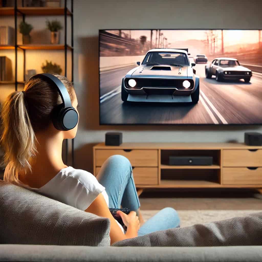 słuchawki nauszne do oglądania telewizji na głowie kobiety oglądającej film akcji