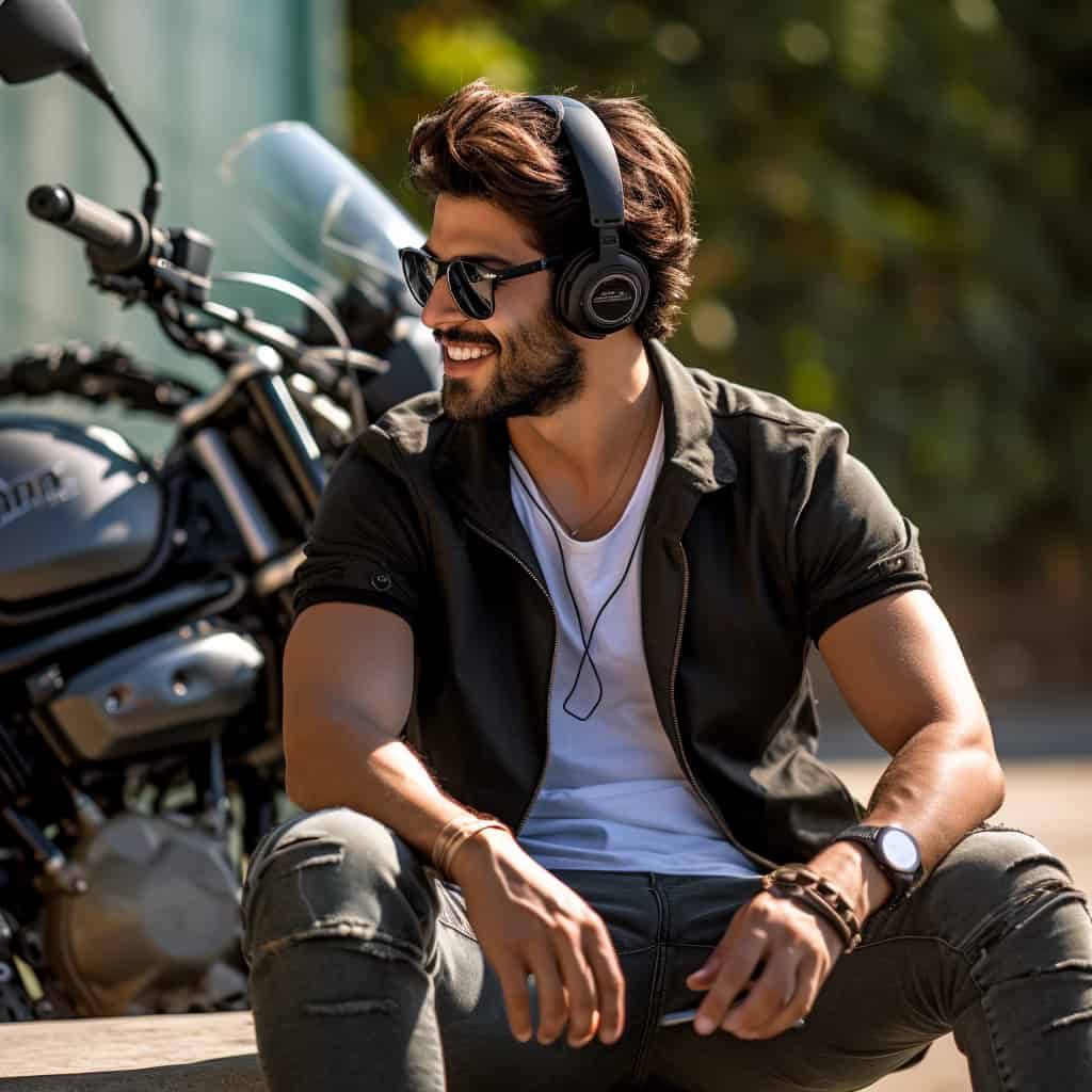 słuchawki nauszne do rocka i metalu na głowie mężczyzny siedzącego obok motoru