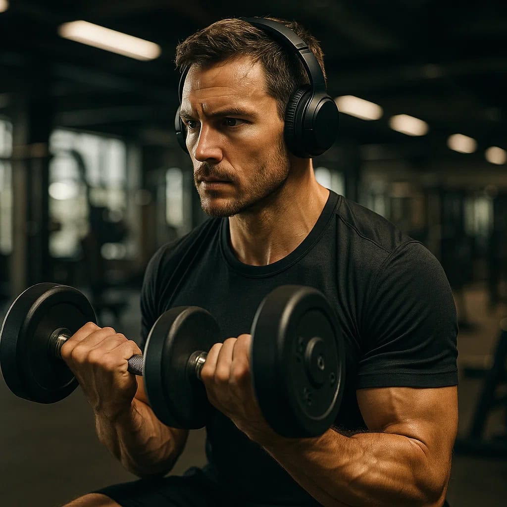 słuchawki nauszne na siłownię ranking - przykładowy model na głowie mężczyzny, który trenuje z hantlami w sportowym stroju