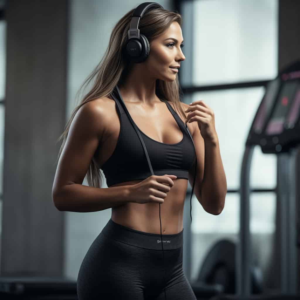 słuchawki nauszne na siłownie - kobieta na bieżni w przykładowym modelu