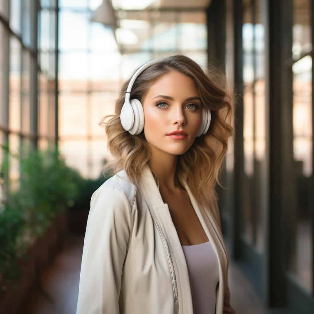 słuchawki najlepszej jakości na głowie kobiety stojącej pod biurem