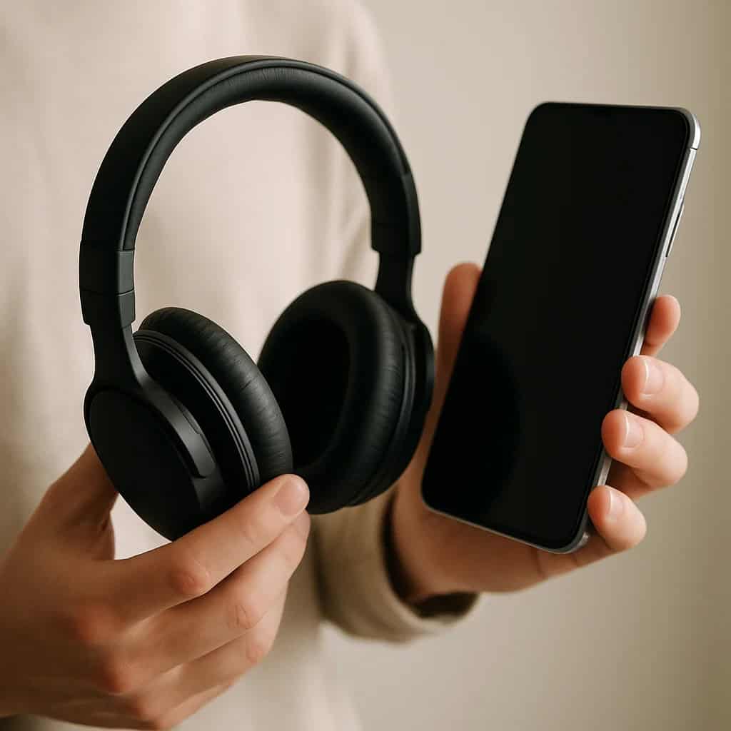 słuchawki nfc czy bluetooth - zbliżenie na ręce, w jednej jest telefon, w drugiej czarne słuchawki nauszne