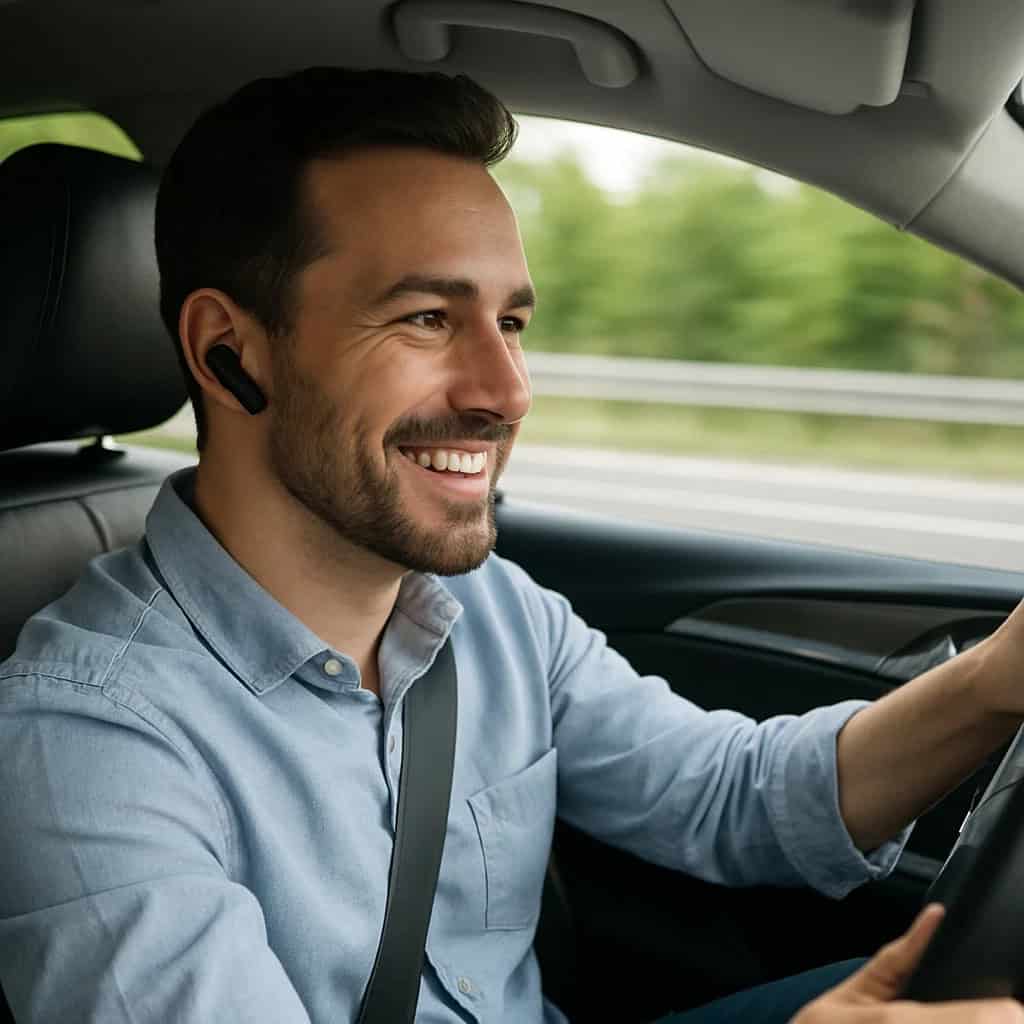 słuchawki samochodowe w uszach mężczyzny prowadzącego nowoczesne auto