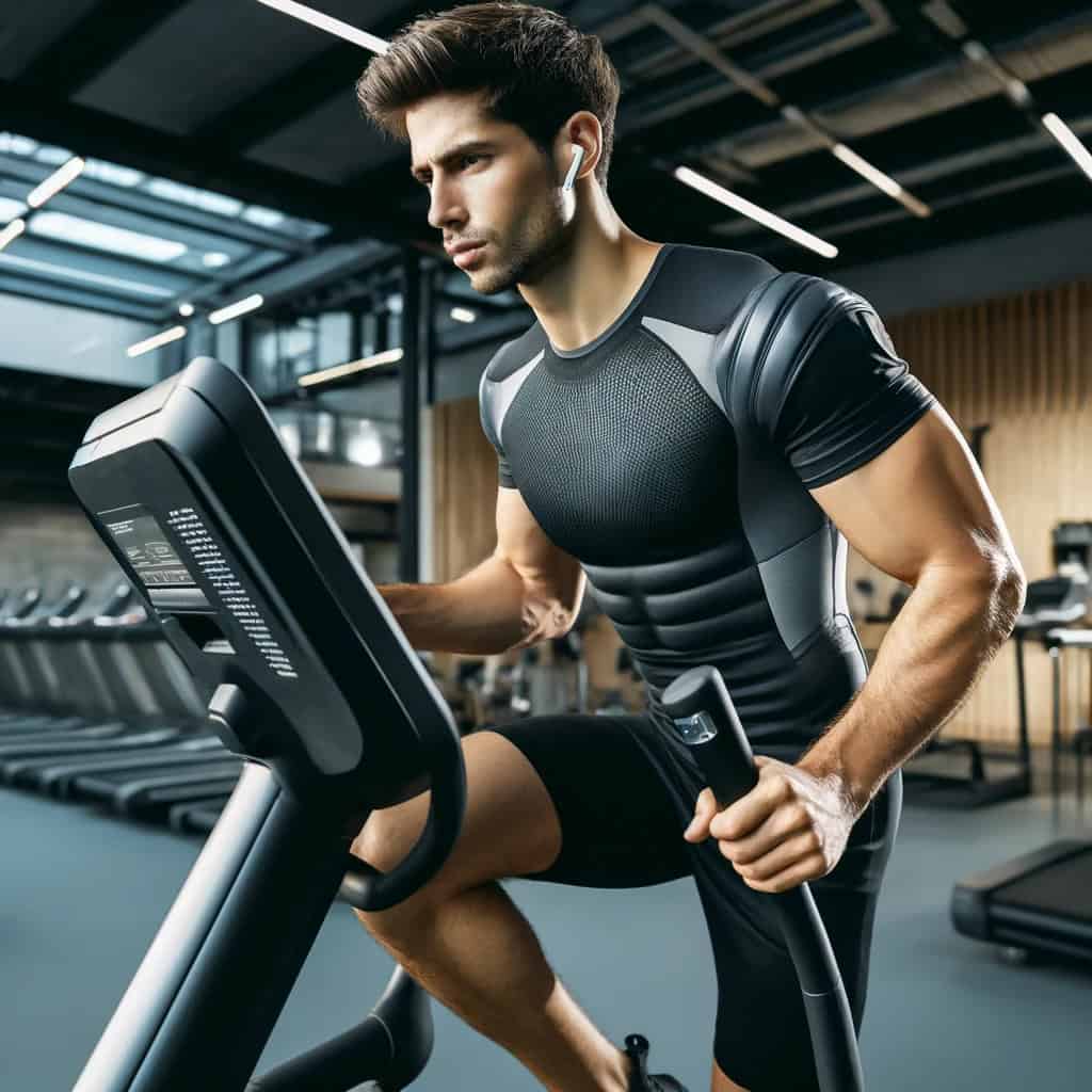 słuchawki sport w uszach mężczyzny ćwiczącego na siłowni