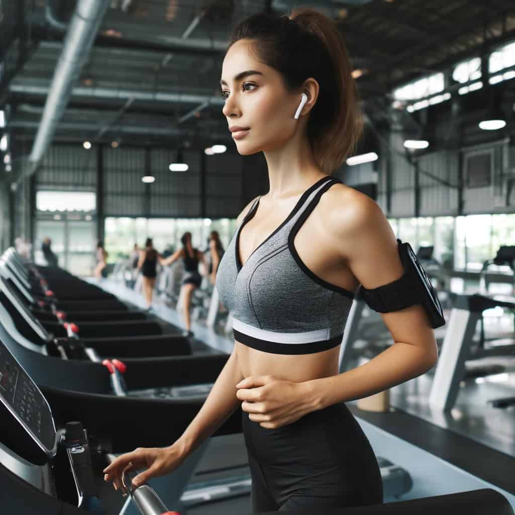 sluchawki sportowe ranking - kobieta ćwicząca na siłowni na bieżni