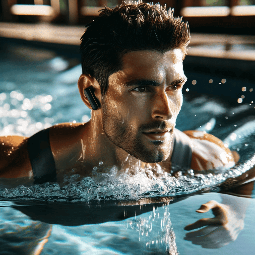 sluchawki sportowe - przykładowy model w uszach mężczyzny pływającego w basenie