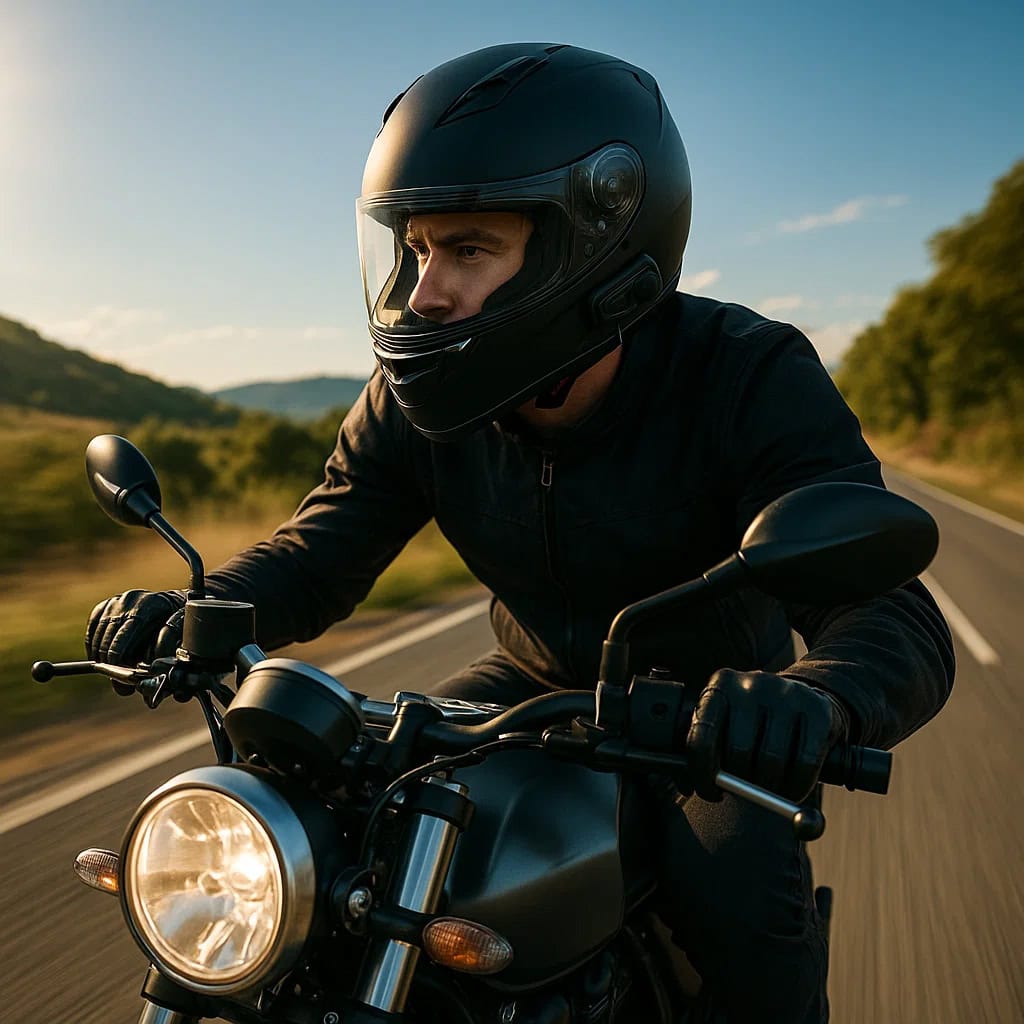 słuchawki pod kask motocyklowy na głowie mężczyzny podczas jazdy górską drogą.