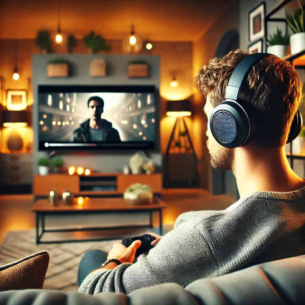 słuchawki pod tv na głowie mężczyzny, który siedzi z pilotem przed telewizorem