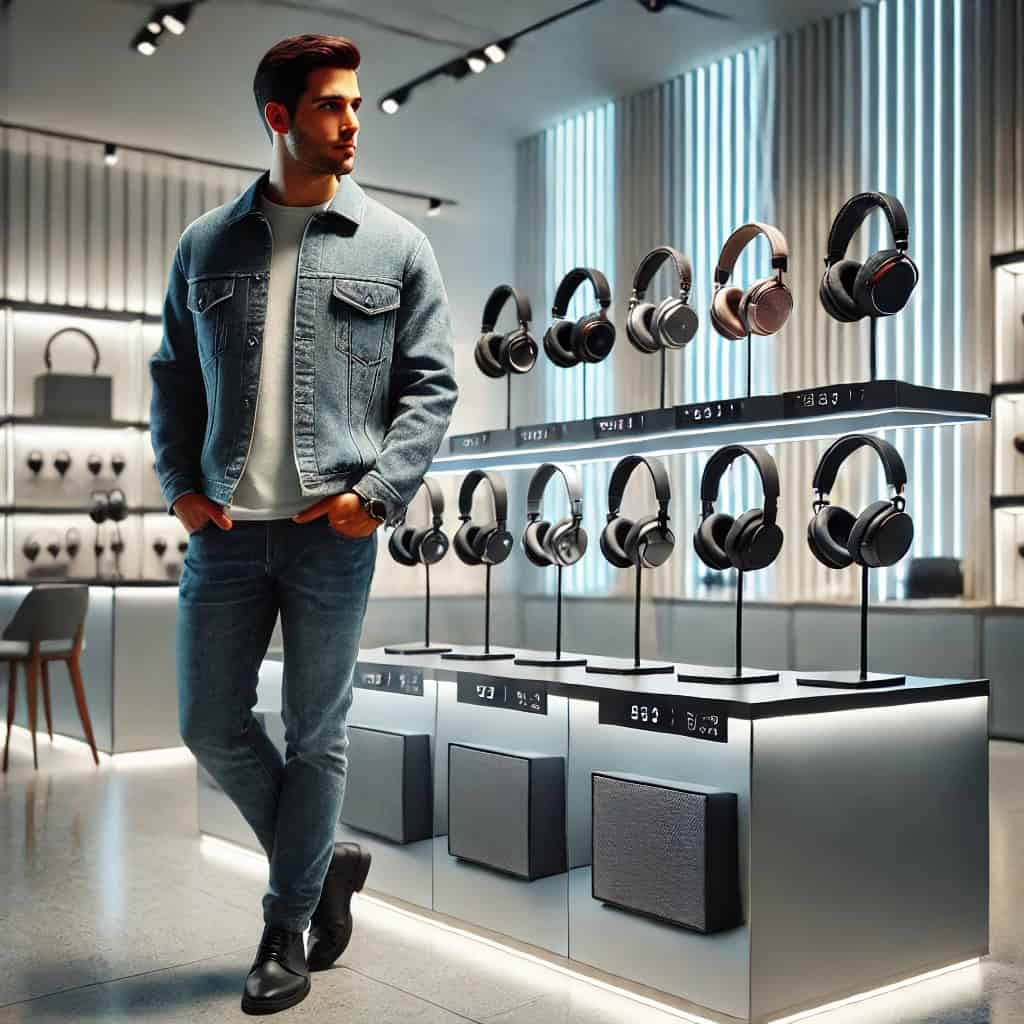 słuchawki przewodowe cena - mężczyzna stojący przed wystawą w sklepie z różnymi modelami