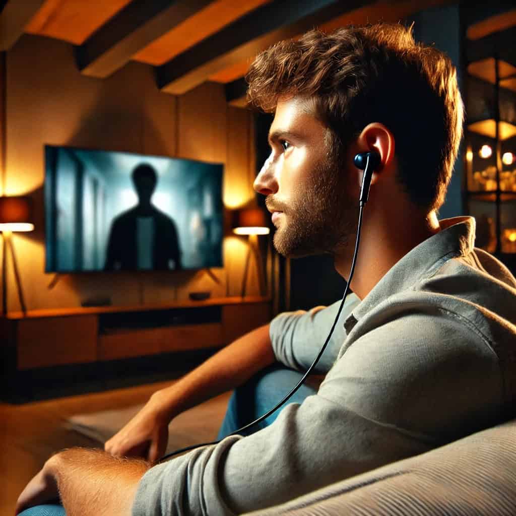 słuchawki przewodowe douszne do telewizora na uszach mężczyzny oglądającego serial