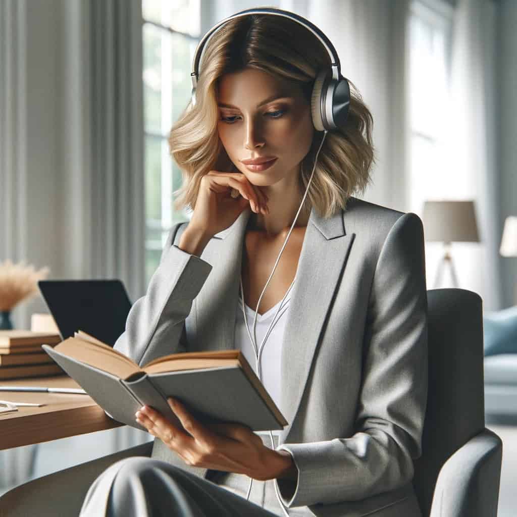 słuchawki przewodowe do 1000 zł na uszach kobiety czytającej książkę