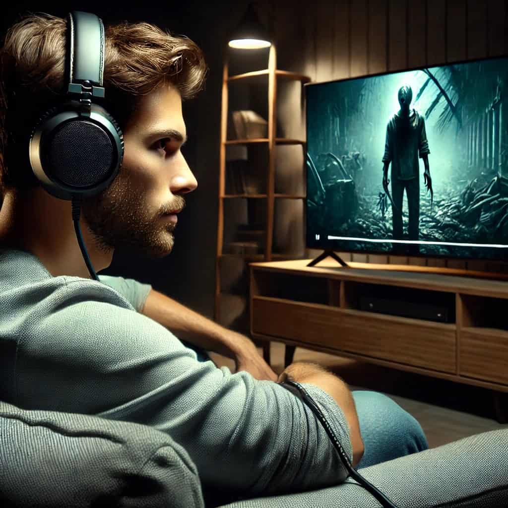 słuchawki przewodowe do telewizora cena - przykładowy model na uszach mężczyzny oglądającego film