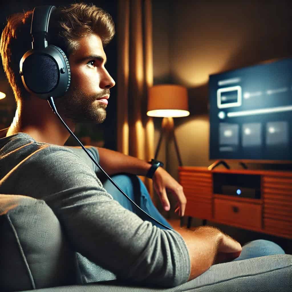 słuchawki przewodowe do tv na uszach mężczyzny siedzącego na sofie przed ekranem telewizora