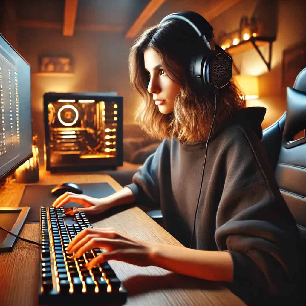 słuchawki przewodowe gamingowe na głowie kobiety przy komputerze