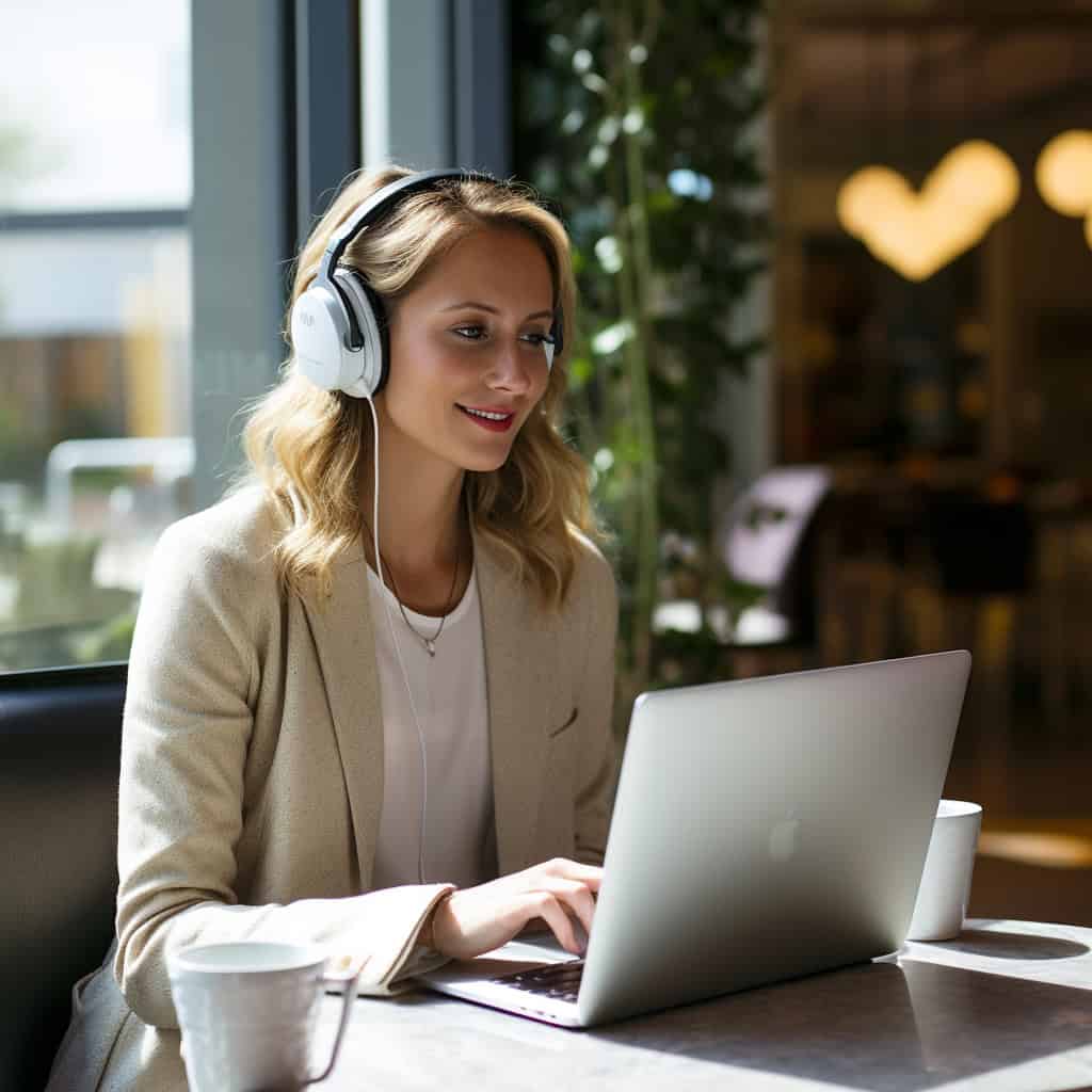 słuchawki przewodowe kompatybilność - przykładowy model nausznych na głowie kobiety w kawiarni pracującej przy laptopie