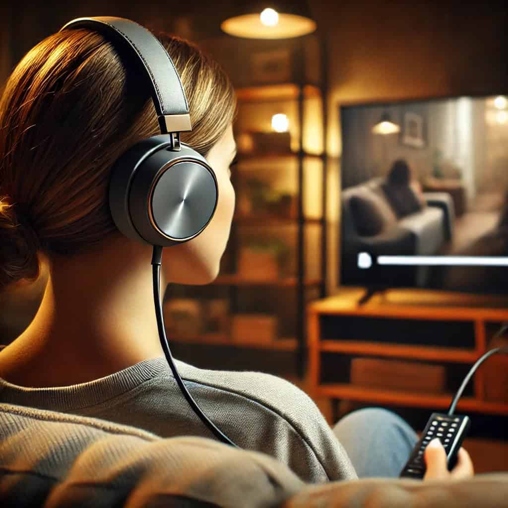 słuchawki przewodowe nauszne do telewizora na uszach kobiety oglądającej film