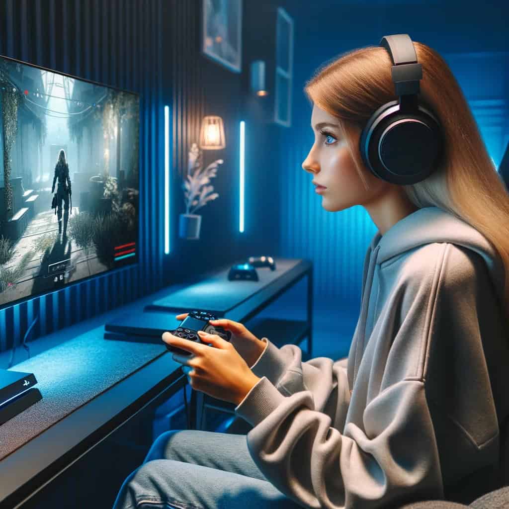 słuchawki ps5 na uszach kobiet pogrążonej w grze