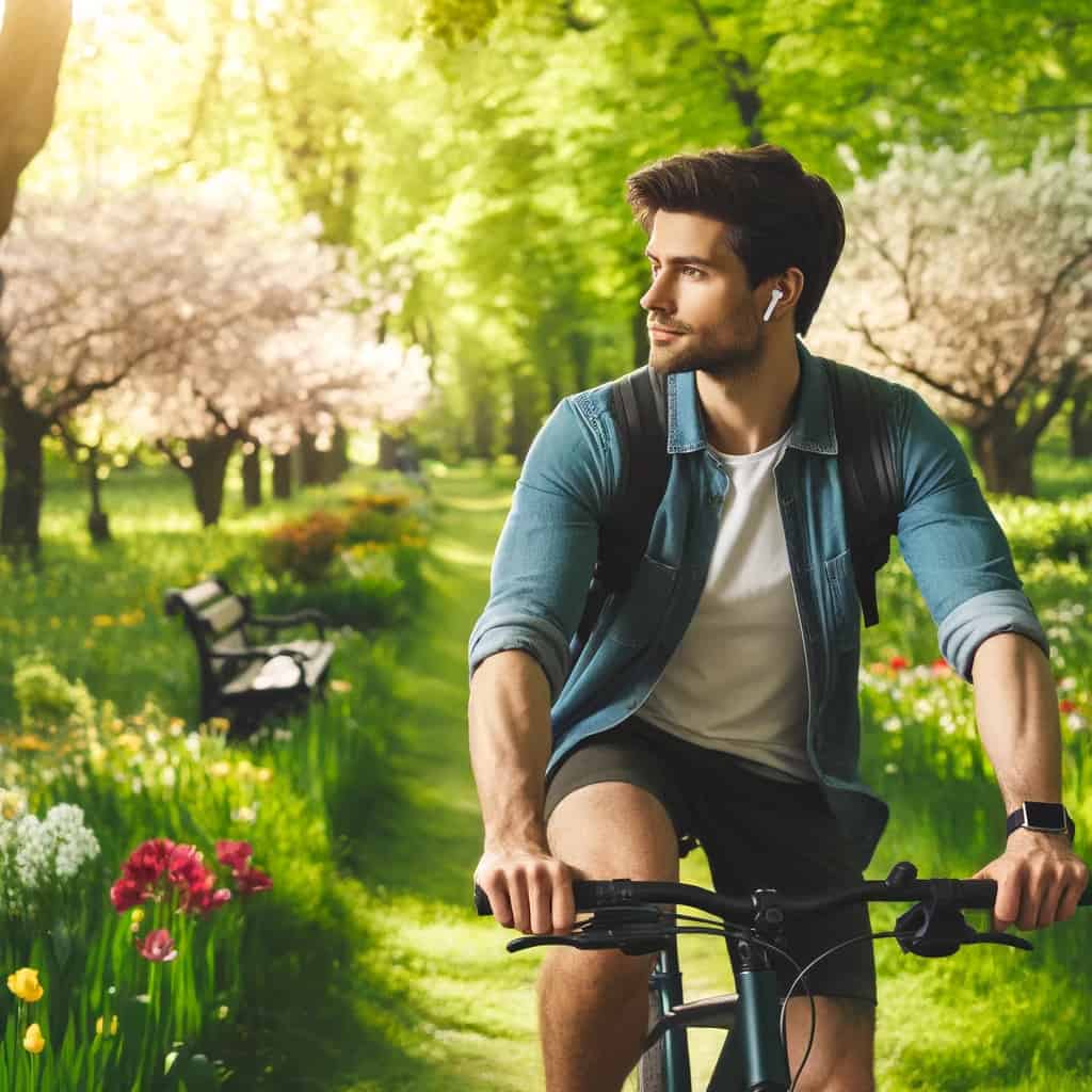 słuchawki rowerowe - w uszach mężczyzny jadącego prze park