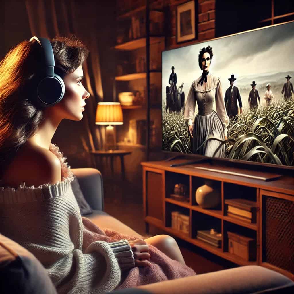 słuchawki radiowe bezprzewodowe do tv na uszach kobiety, która ogląda stary film w telewizji