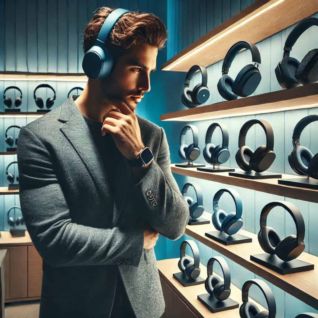 słuchawki radiowe czy bluetooth - mężczyzna w sklepie przygląda się półce z różnymi modelami