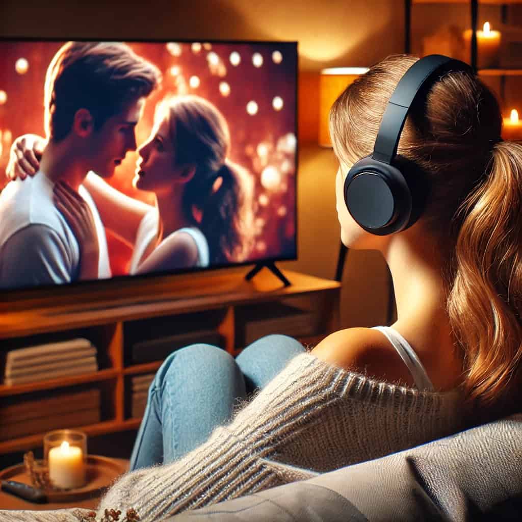 słuchawki radiowe do telewizora ranking - przykładowy model na uszach kobiety, która siedzi na sofie i ogląda komedię romantyczną