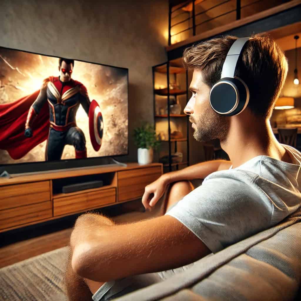 słuchawki radiowe do telewizora na uszach mężczyzny, który siedzi na sofie i ogląda film w tv