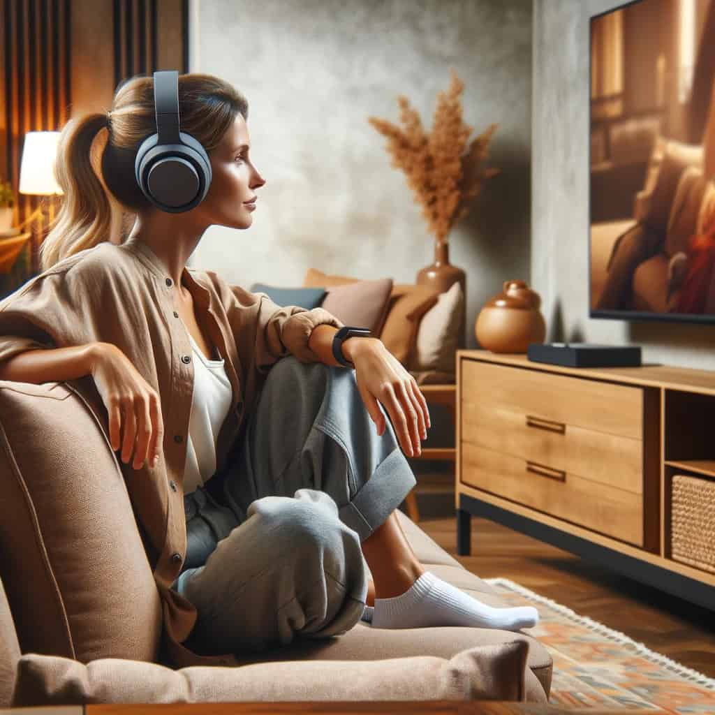 słuchawki radiowe do tv na uszach kobiety, która ogląda serial w telewizji