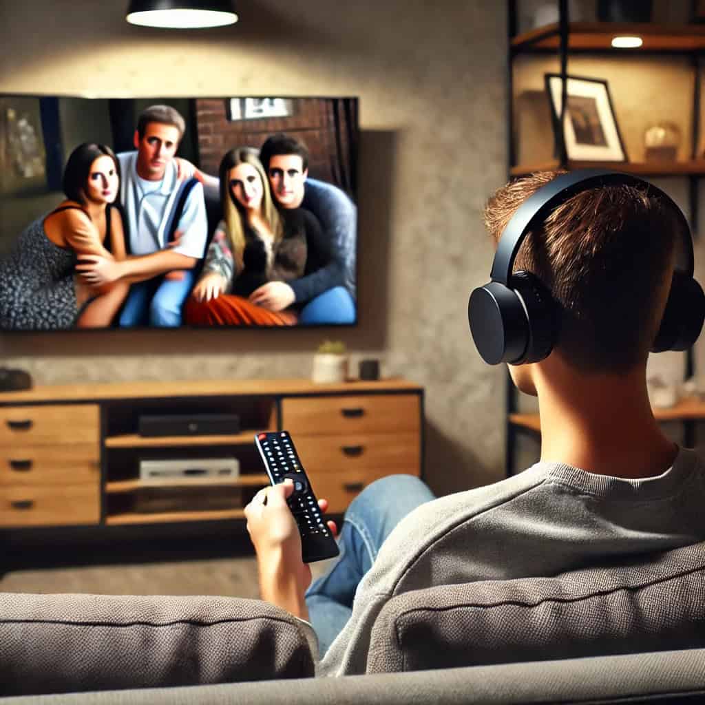 słuchawki radiowe ranking - przykładowy model na głowie mężczyzny, który siedzi na sofie z pilotem i ogląda serial na telewizorze