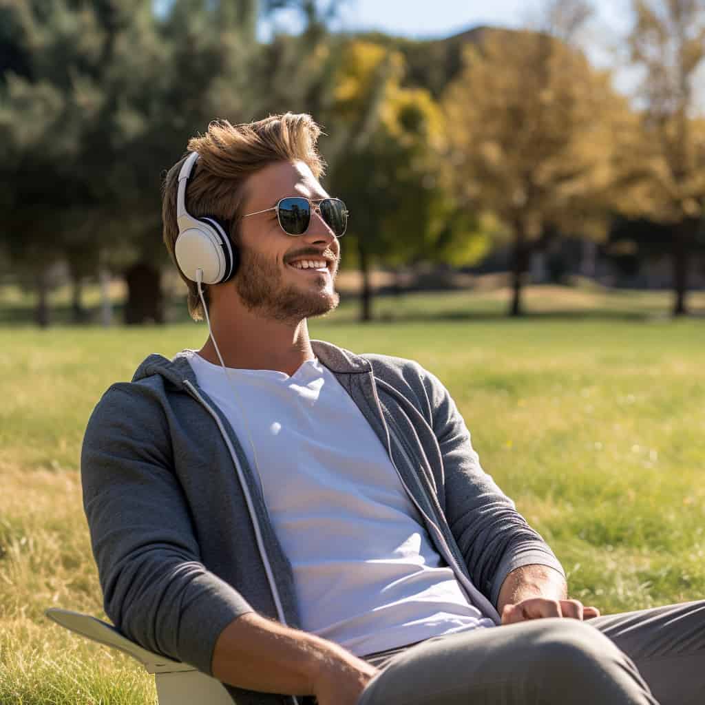 słuchawki ranking - mężczyzna siedzący na trawie w przykładowym modelu
