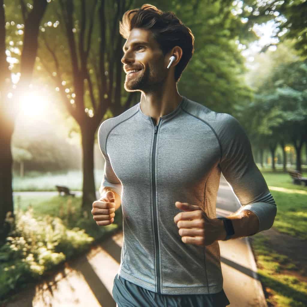 słuchawki wodoodporne ranking - mężczyzna uprawia jogging w parku w słuchawkach dokanałowych