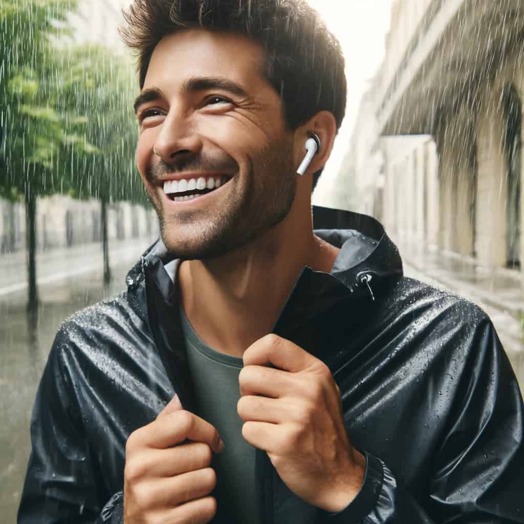 słuchawki wodoodporne - uśmiechnięty mężczyzna słucha muzyki w deszczu