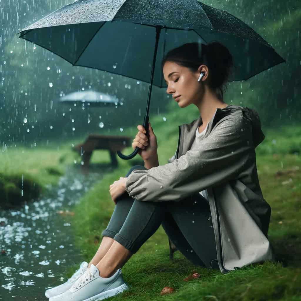 słuchawki wodoszczelne bluetooth w uszach kobiety siedzącej na trawie pod parasolem w deszczu