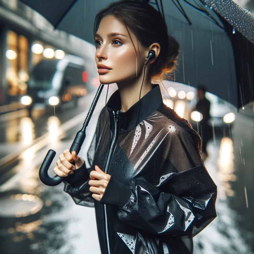 słuchawki wodoszczelne ranking - kobieta pod parasolem w deszczu w przykładowym modelu