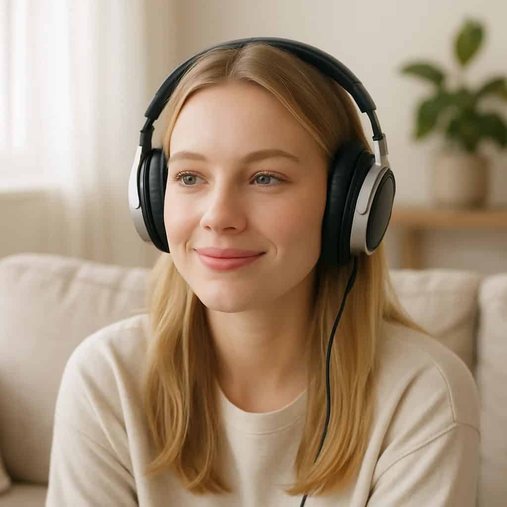 słuchawki wokółuszne do 500 zł na uszach jasnowłosej kobiety siedzącej na sofie w salonie