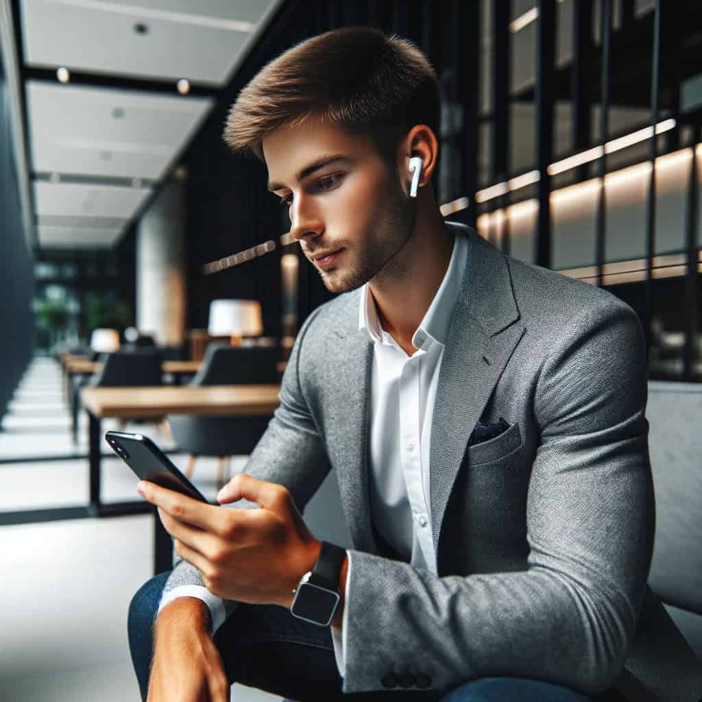 słuchawki telefon przykładowy model dokanałowy w uszach mężczyzny siedzącego na krześle w biurze