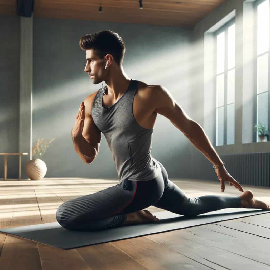 słuchawki treningowe w uszach mężczyzny ćwiczącego jogę