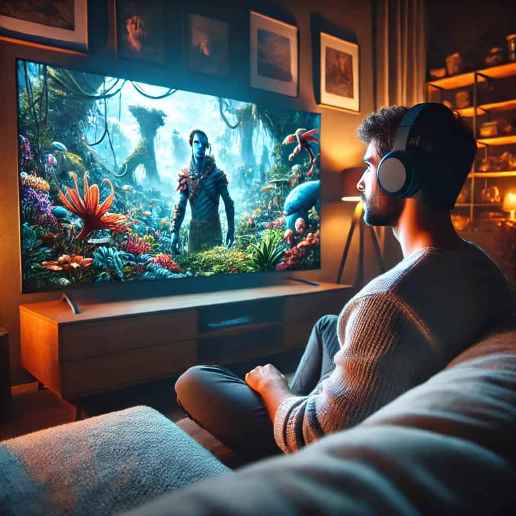 słuchawki tv radiowe na uszach mężczyzny, który siedzi wygodnie na sofie oglądając film