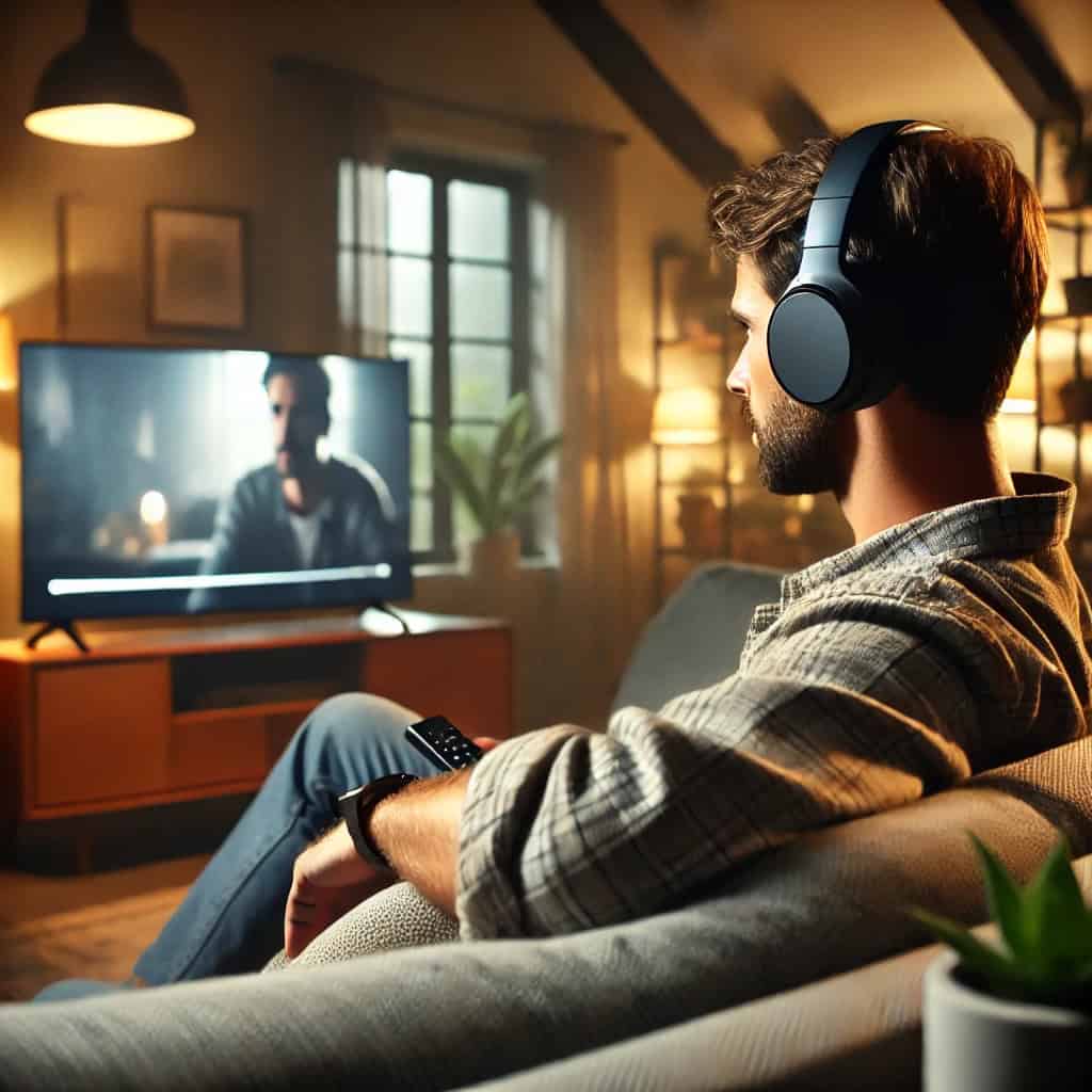 słuchawki tv na uszach mężczyzny oglądającego film