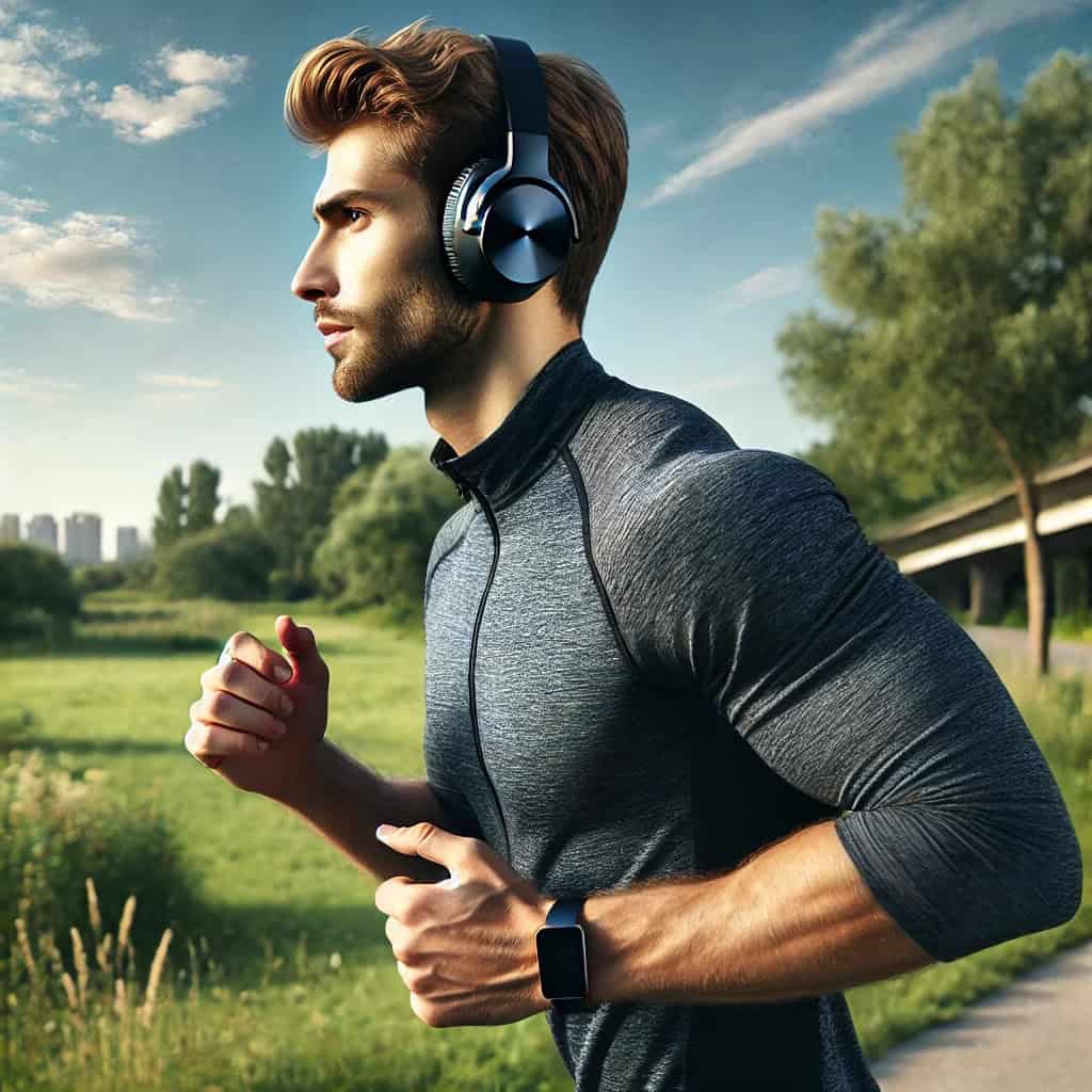 słuchawki z wbudowanym mp3 na głowie mężczyzny biegnącego ścieżką