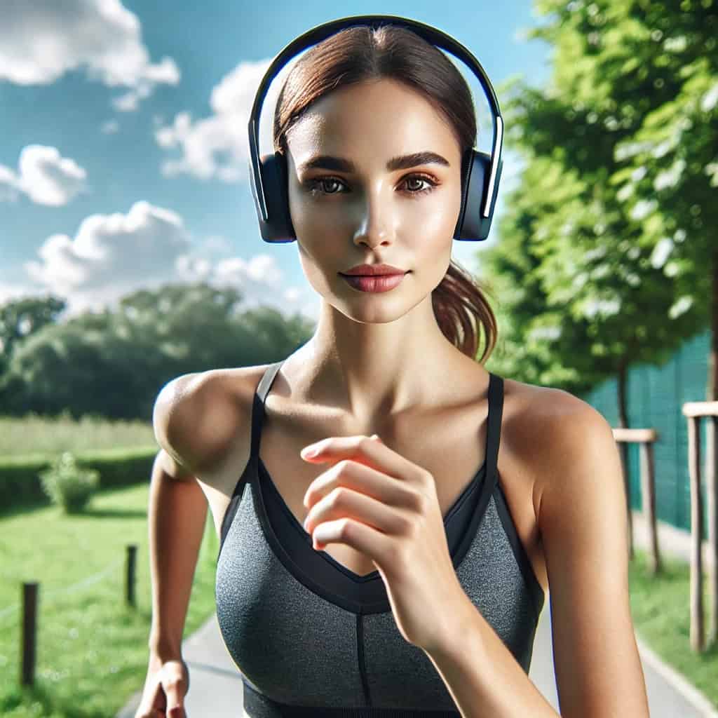 słuchawki z wbudowanym odtwarzaczem mp3 na uszach kobiety uprawiającej jogging