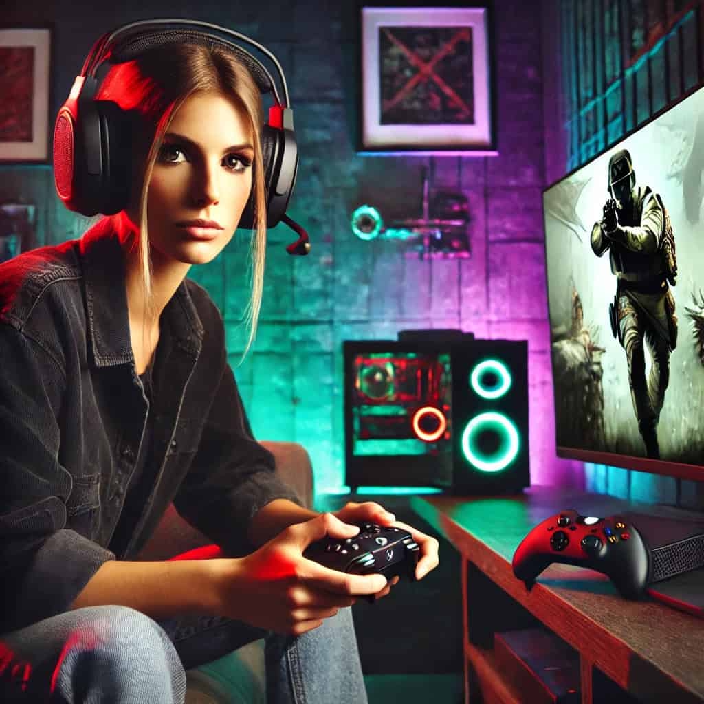 słuchawki z mikrofonem do cs go na głowie kobiety siedzącej obok ekran z grą z padem Xbox w ręku