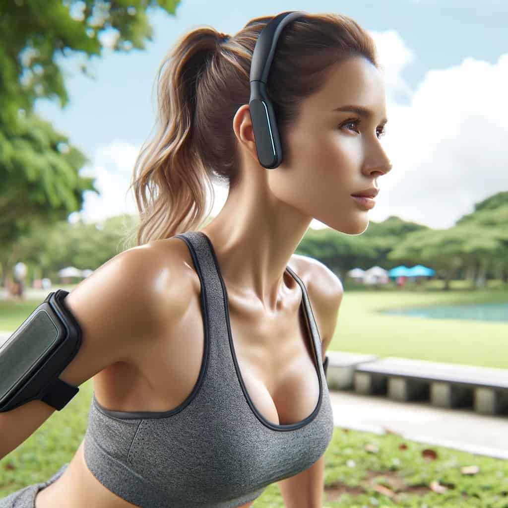 słuchawki z mp3 na głowie kobiety biegającej po parku