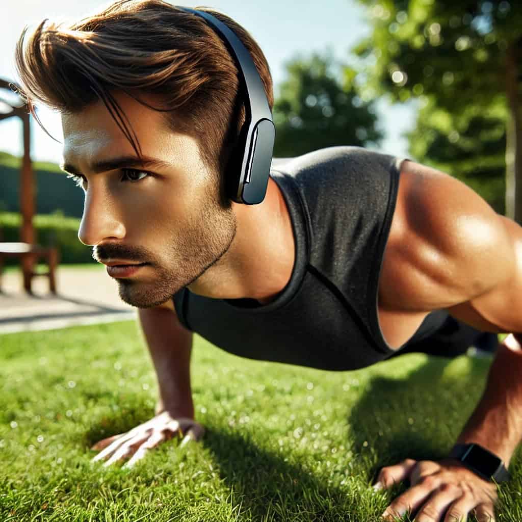 słuchawki z odtwarzaczem mp3 na głowie ćwiczącego mężczyzny