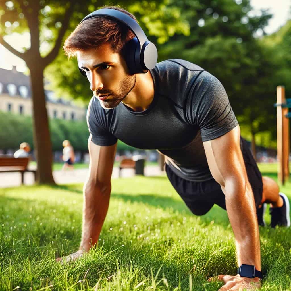 słuchawki z odtwarzaczem na głowie mężczyzny robiącego pompki na trawniku