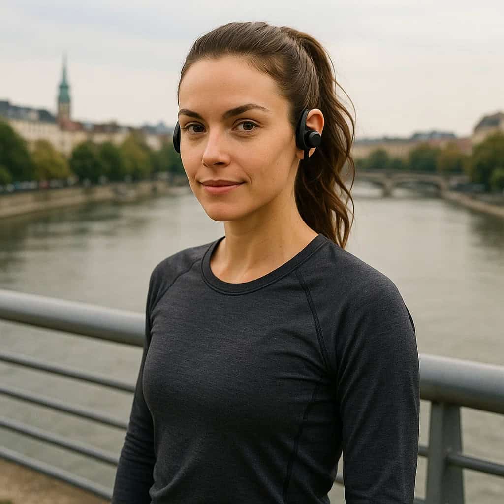 słuchawki zauszne ranking - przykładowy model na głowie kobiety stojącej na moście na tle rzeki