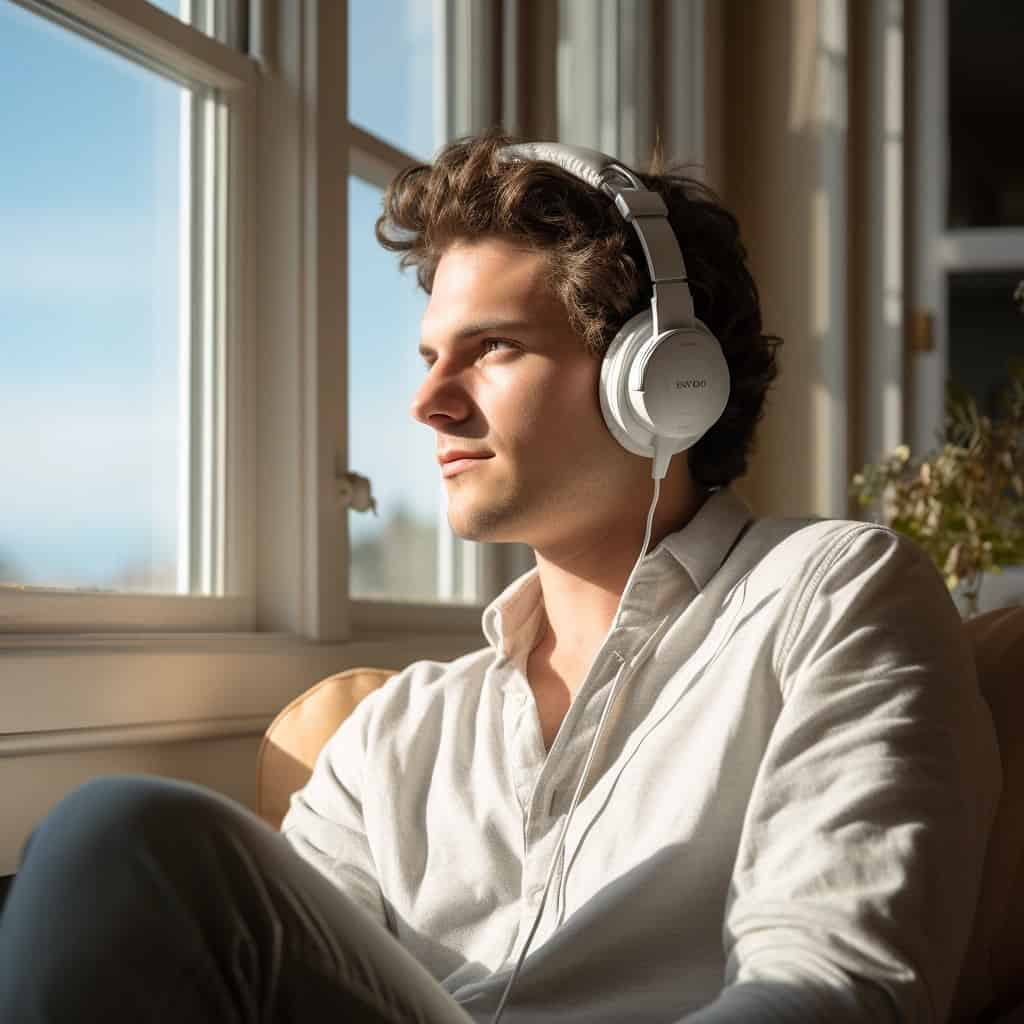 słuchawki zamknięte Bluetooth i opcja słuchanie przez kabel na głowie mężczyzny patrzącego przez okno